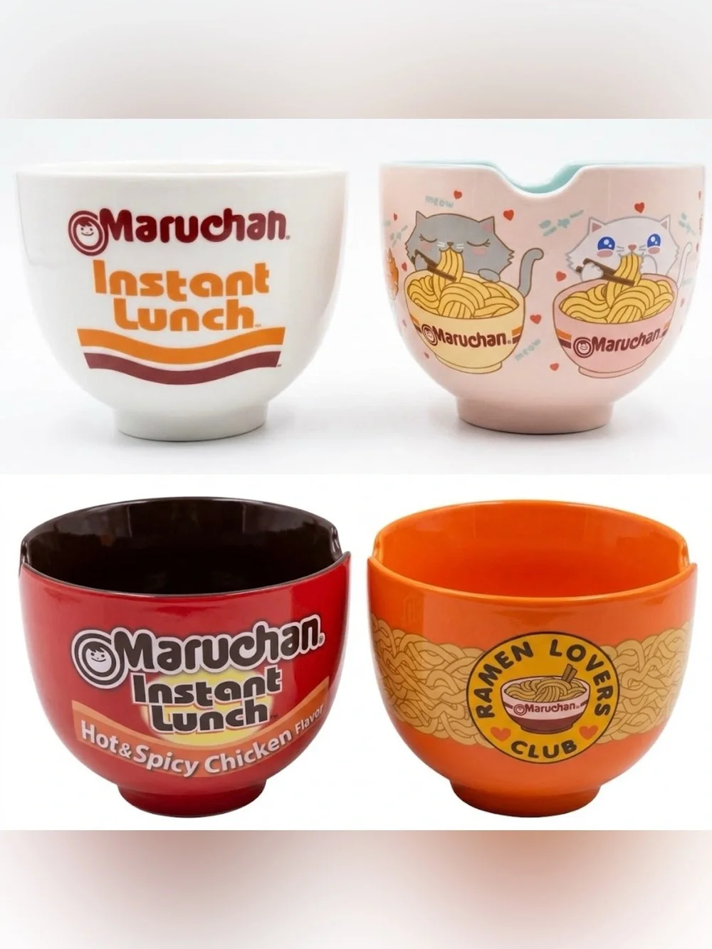 Set of 4 Maruchan Ramen Ceramic Bowls - Kawaii Cats, Hot & Spicy, Noodle Lovers